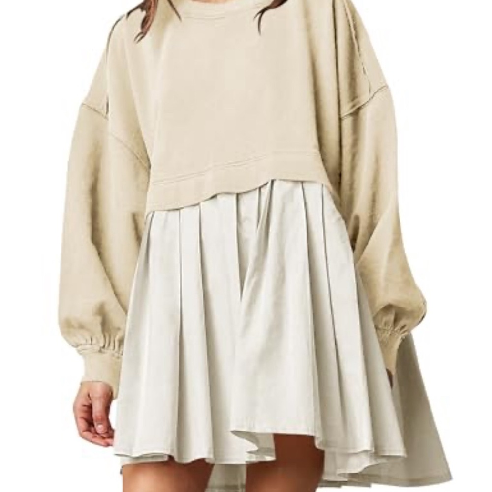 ANRABESS Oversized Long Sleeve 
Casual Loose Pleated Pullover Mini Dress
